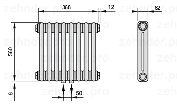 Схема (чертеж) Радиатор Zehnder Charleston 2056/8 №3470 Белый глянцевый RAL 9016